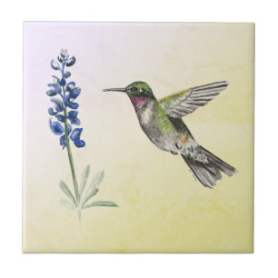 Hummingbird and Bluebonnet on Pink and Yellow Ceramic Tile