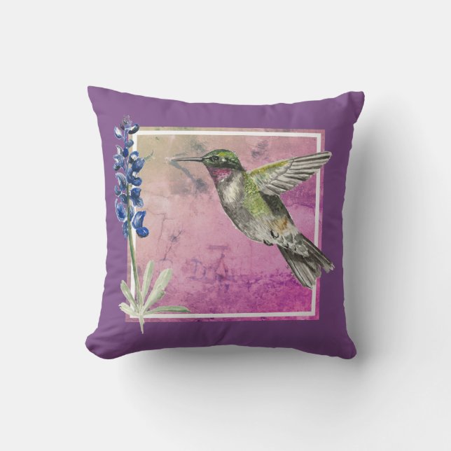 Hummingbird and Bluebonnet on Pink Background Cushion (Front)