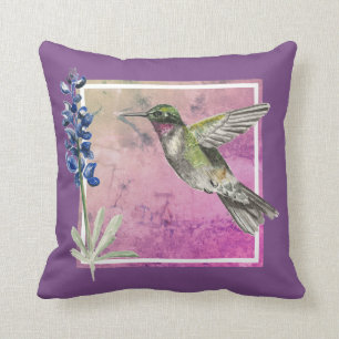 Hummingbird and Bluebonnet on Pink Background Cushion