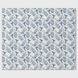 Hummingbird and Branches Blue Toile Chinoiserie Wrapping Paper