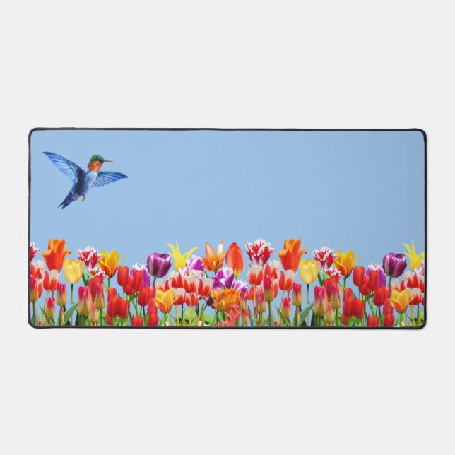 Hummingbird and Colourful Tulip Flowers Desk Mat (Front)
