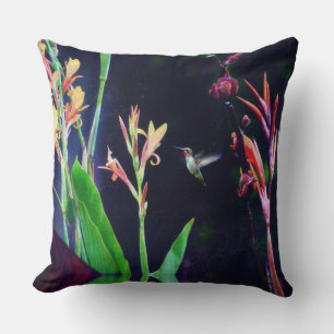 Hummingbird and Exotic Flowers Dark Colours Cushion