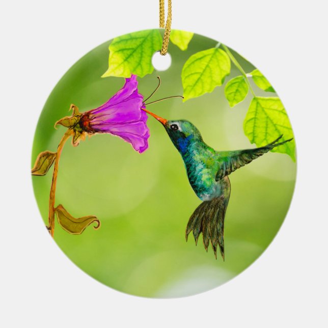 Hummingbird and Flower Hanging Pull Ceramic Ornament (Front)