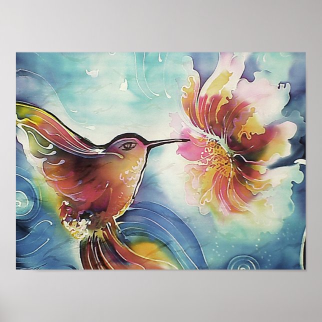 HummingBird and Flower Silk Art Painting Poster (Front)
