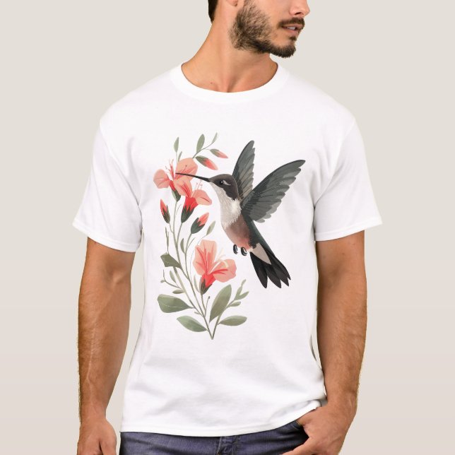 Hummingbird and Flowers - Minimalist Art T-Shirt (Front)