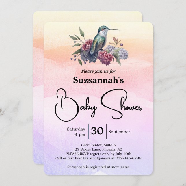 Hummingbird and Flowers On Watercolor Baby Shower Invitation (Front/Back)