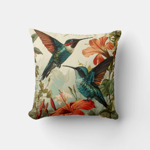 Hummingbird and Flowers: Vintage Cushion