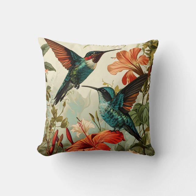 Hummingbird and Flowers: Vintage Cushion (Front)