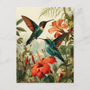 Hummingbird and Flowers: Vintage Postcard