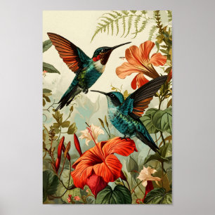 Hummingbird and Flowers: Vintage Poster
