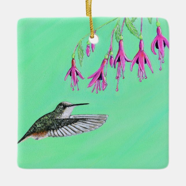 Hummingbird and Fuchsia Painting Ceramic Ornament (Front)