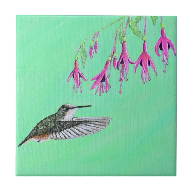 Hummingbird and Fuchsia Painting Ceramic Tile (Front)