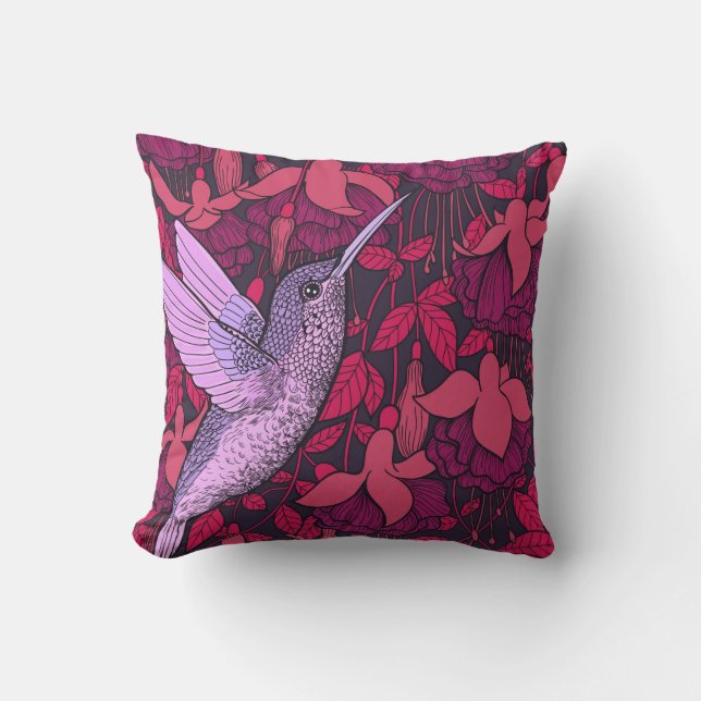 Hummingbird and fuchsia violet cushion (Front)