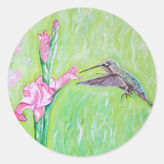 Hummingbird and Gladioli Painting Classic Round Sticker (Front)