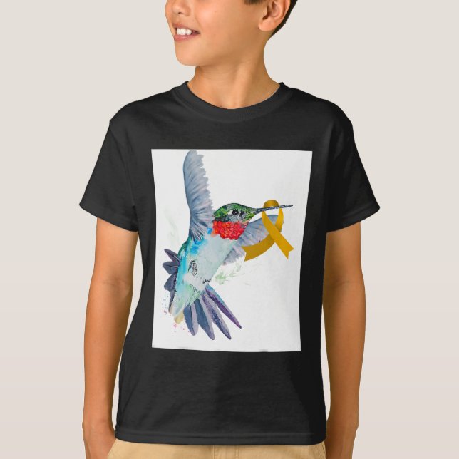 Hummingbird and Gold Ribbon Childhood Cancer Aware T-Shirt (Front)
