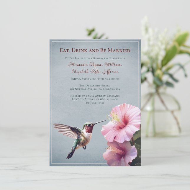 Hummingbird and Hibiscus | Blue Rehearsal Dinner Invitation (Standing Front)