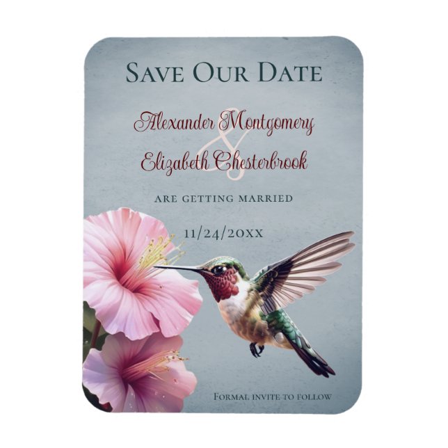 Hummingbird and Hibiscus | Blue Save the Date Magnet (Vertical)