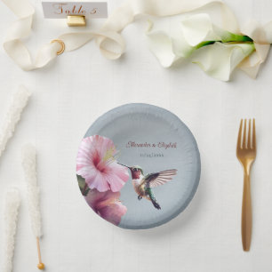 Hummingbird and Hibiscus Blue Wedding Paper Plate