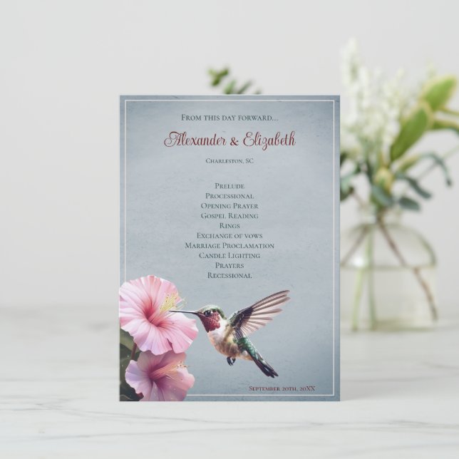 Hummingbird and Hibiscus | Blue Wedding Program (Standing Front)