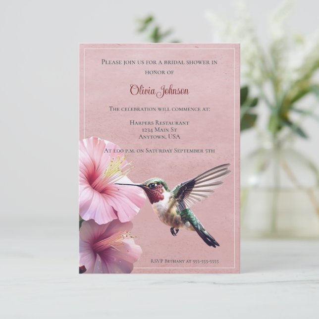 Hummingbird and Hibiscus Bridal Shower | Pink Invitation (Standing Front)