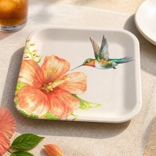 Hummingbird and Hibiscus Flower Paper Plate