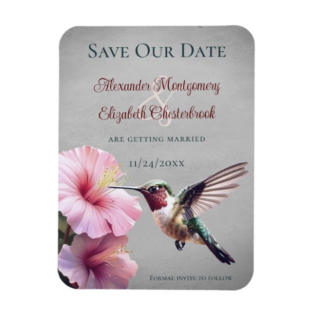 Hummingbird and Hibiscus | Grey Save the Date Magnet (Vertical)