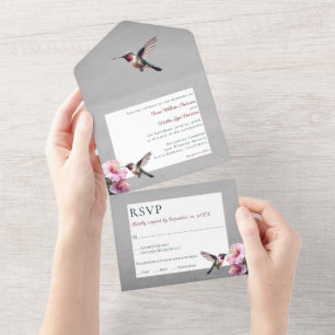 Hummingbird and Hibiscus   Grey Wedding All In One Invitation