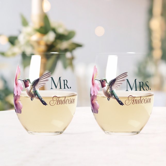 Hummingbird and Hibiscus Mr. and Mrs. Stemless Wine Glass (Insitu (Wedding))