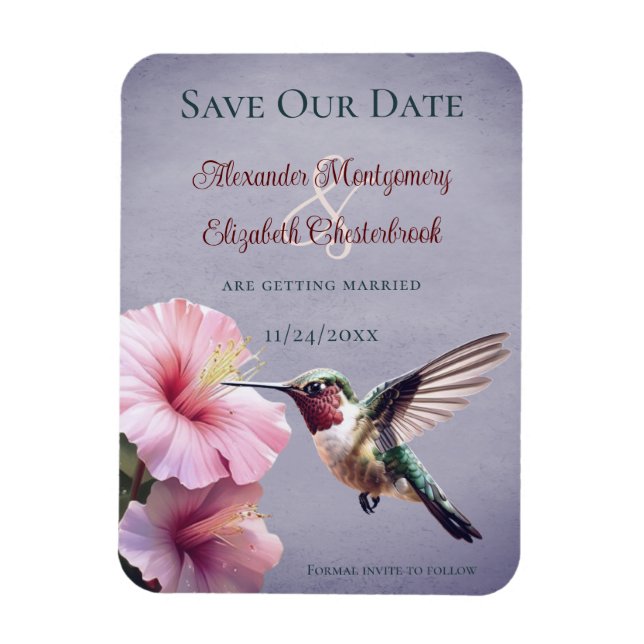 Hummingbird and Hibiscus | Purple Save the Date Magnet (Vertical)