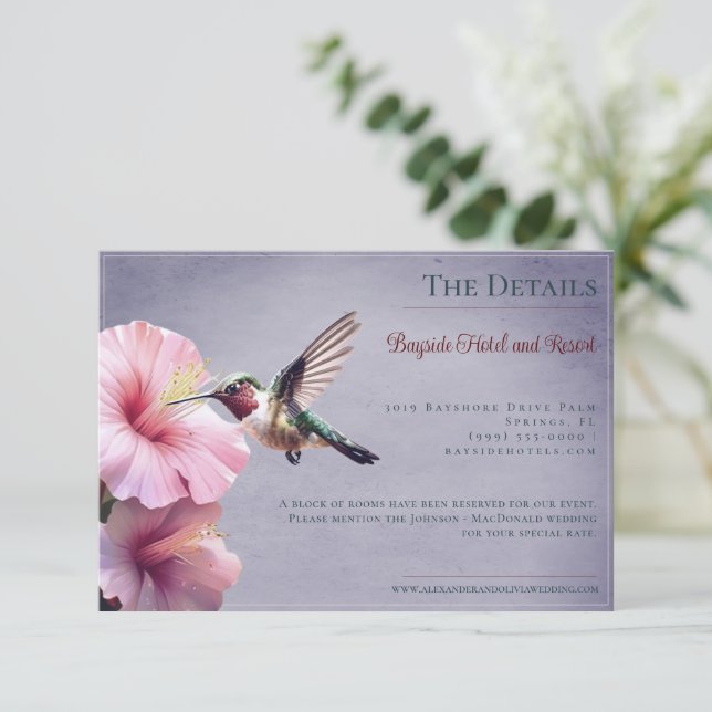 Hummingbird and Hibiscus | Purple Wedding Enclosure Card (Standing Front)