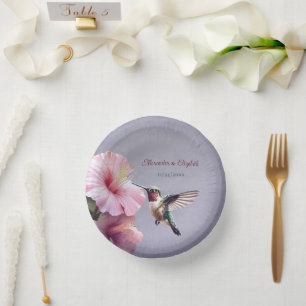 Hummingbird and Hibiscus Purple Wedding Paper Plate