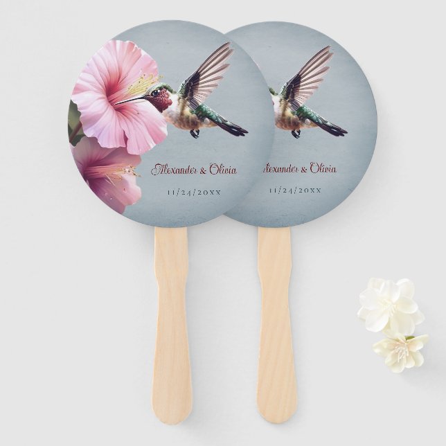 Hummingbird and Hibiscus Wedding | Blue Hand Fan (Front and Back)
