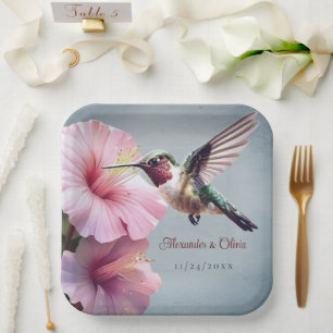Hummingbird and Hibiscus Wedding   Blue Paper Plate
