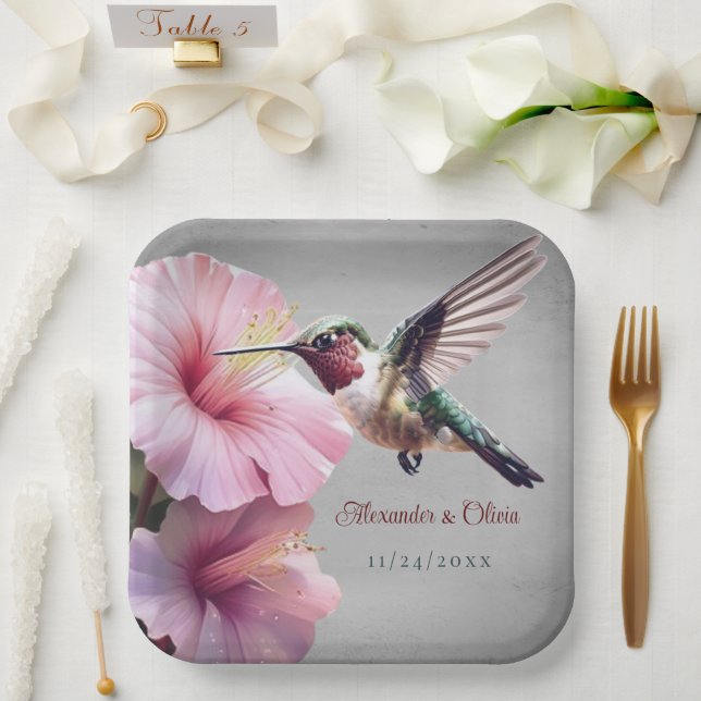 Hummingbird and Hibiscus Wedding | Grey Paper Plate (Wedding)