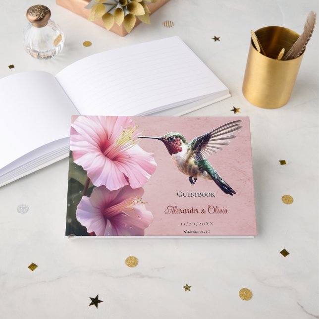 Hummingbird and Hibiscus Wedding | Pink Guest Book (Front Open)