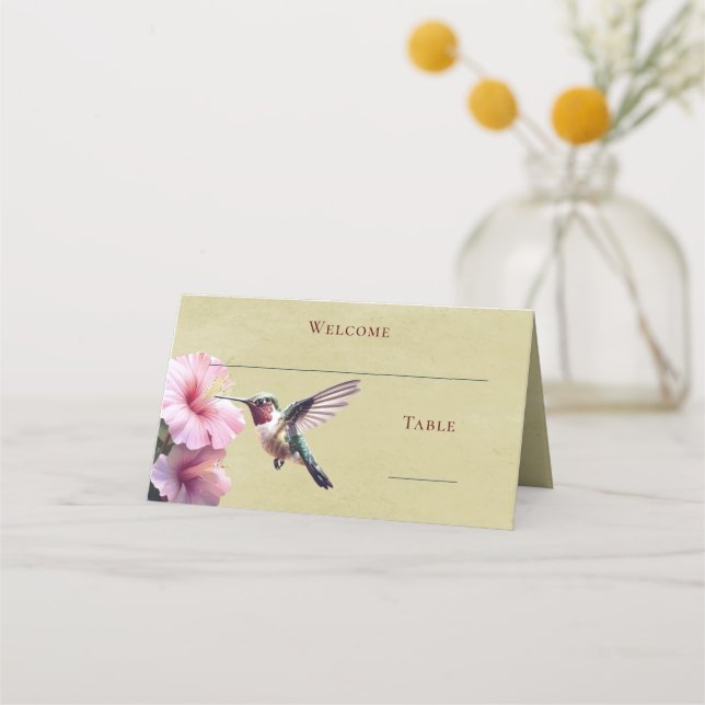 Hummingbird and Hibiscus | Yellow Reception Place Card (Front)