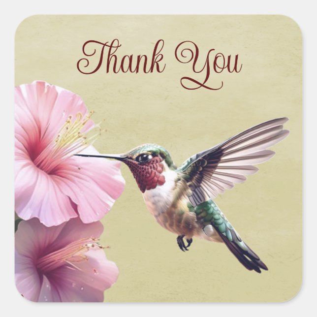 Hummingbird and Hibiscus | Yellow Thank You Square Sticker (Front)