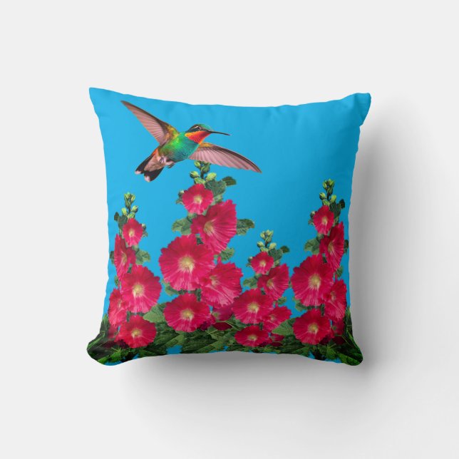 Hummingbird and Holly Hocks Throw Pillow (Front)