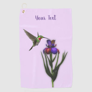 Hummingbird And Iris Flower Personalised Golf Towel
