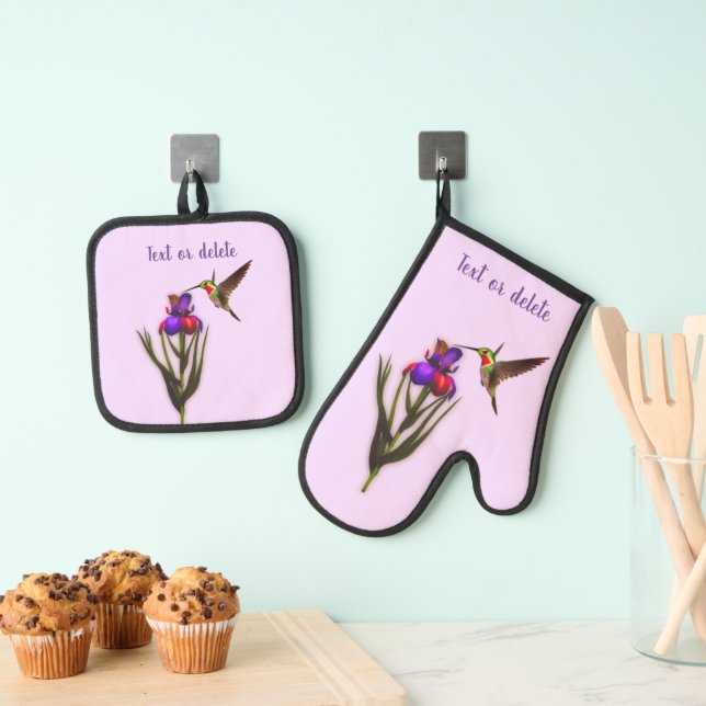 Hummingbird And Iris Flower Personalised Oven Mitt & Pot Holder Set (Insitu(Hanging))