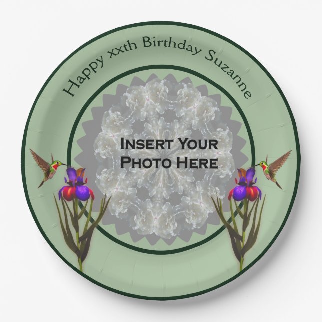 Hummingbird And Iris Personalised Photo Birthday Paper Plate (Front)