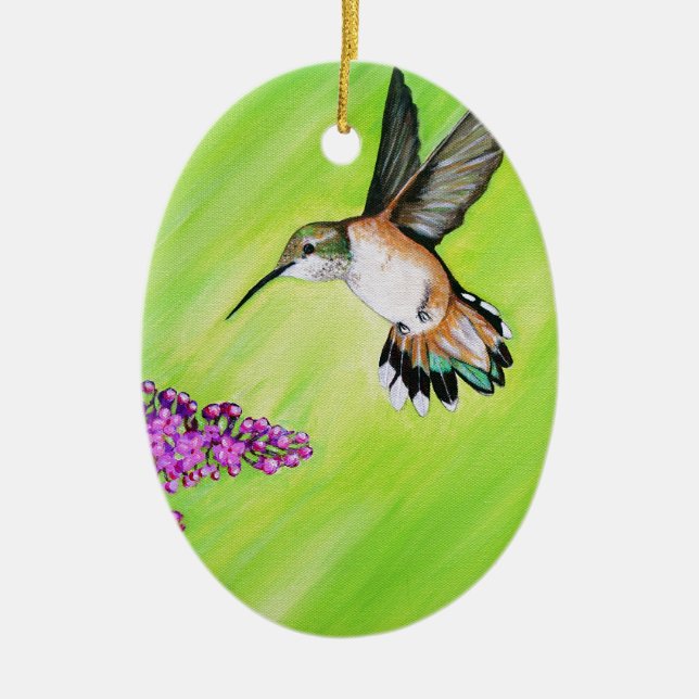 Hummingbird and Lilac Painting Ceramic Tree Decoration (Front)