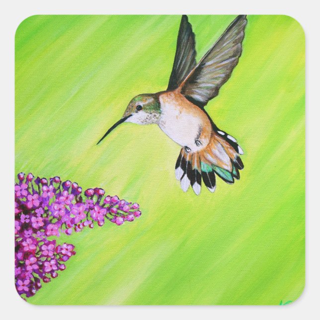 Hummingbird and Lilac Painting Square Sticker (Front)