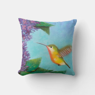 Hummingbird and Lilacs Throw Pillow
