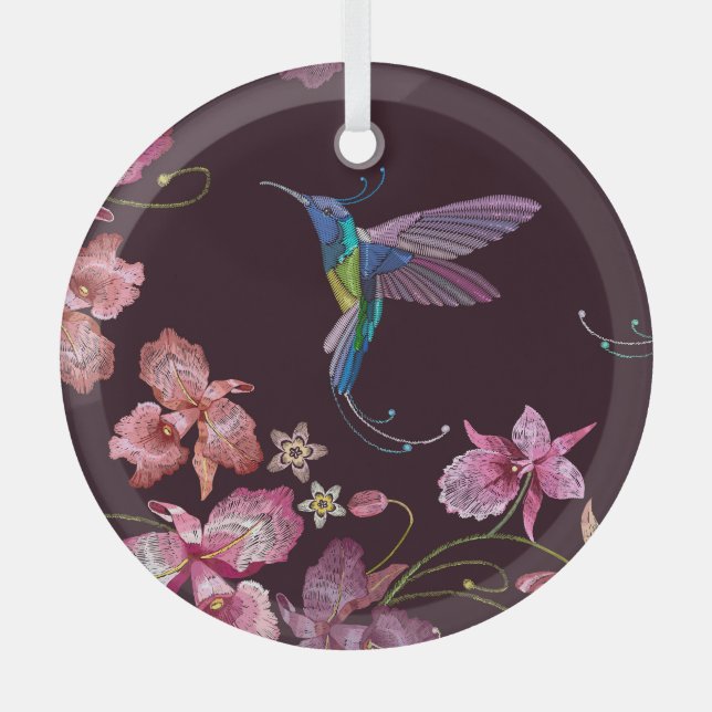 Hummingbird and orchid, tropical seamless fashion. glass tree decoration (Front)