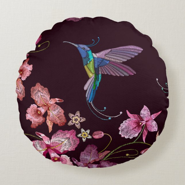 Hummingbird and orchid, tropical seamless fashion. round cushion (Front)