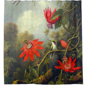 Hummingbird and Passionflowers painting Shower Curtain