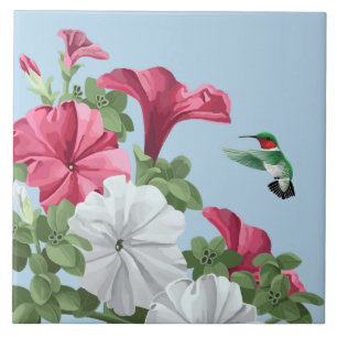 Hummingbird and Petunias Ceramic Tile