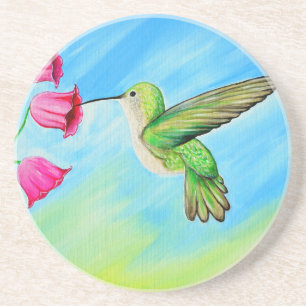 Hummingbird and Pink Bell Flowers Painting Coaster