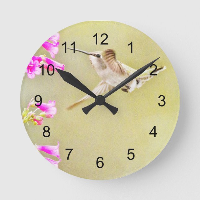 Hummingbird and Pink Blooms Round Clock (Front)